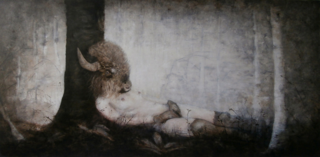 Buffalogirl, 90×180 cm, pencil, charcoal, oil and acrylic on canvas, 2016