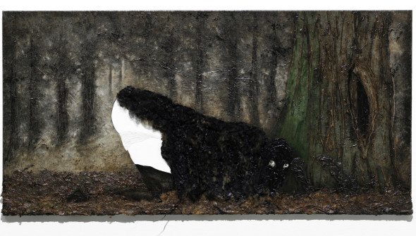 Das Schaf (the Sheep), oil, acrylic, sheepskin and leaves on canvas, 90x180 cm, 2011 (Photo Bob Goedewaagen)