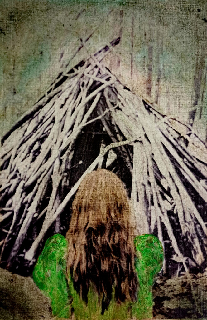 Into the Woods#2, photo, charcoal and oil on paper, 21×14,8 cm. 2025.