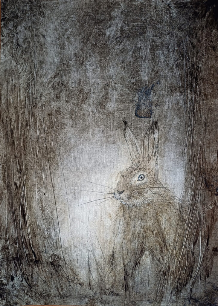 Hare, 29,7x21 cm, pencil and oil on paper, 2026.