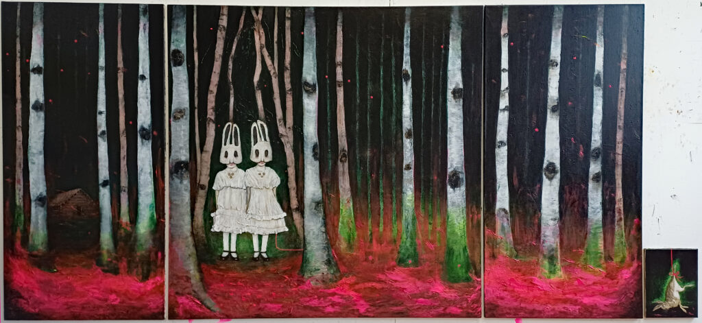 Hunters (quadriptych) 180x440 cm, pencil, charcoal, acrylic, oil and leaves on canvas, 2026.