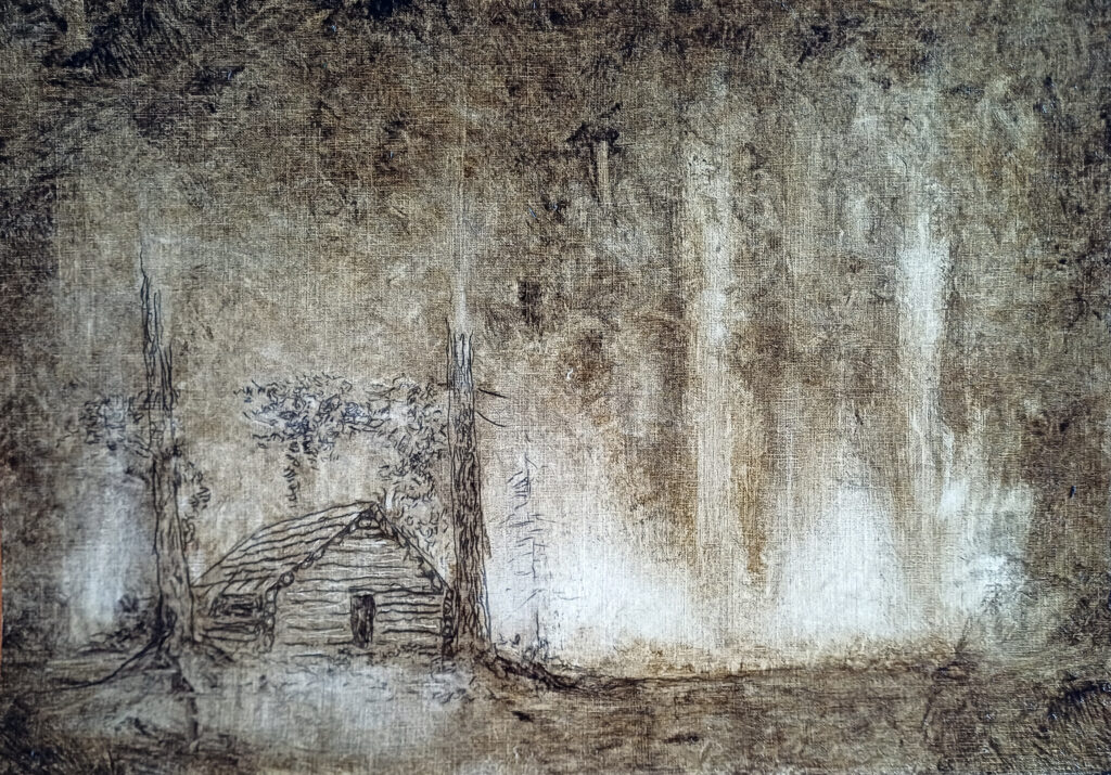 Logcabin, 21x29,7 cm, pencil and oil on canvas, 2026.