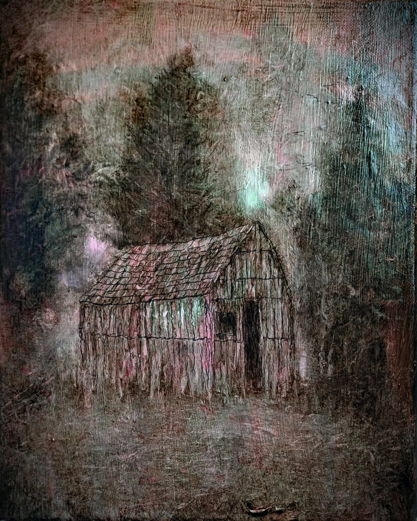 Logcabin#2, 30x24 cm, pencil, charcoal and oil on canvas, 2026.